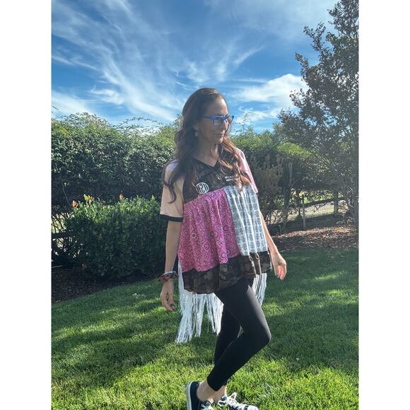 SHUGGIE FIERCE Upcycle USA Camo Boho Vibe Fringed Top Size S-M | QUICK SHIP - Picture 4 of 8